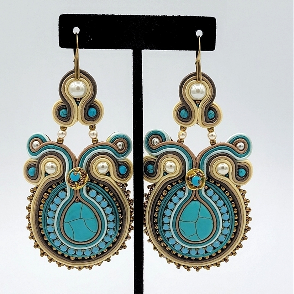 Earrings Turquoise & Cream Soutache #2076